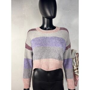Luv lane crochet  Cropped Sweater Knit Pullover Gray Purple Pink Cozy Cute S